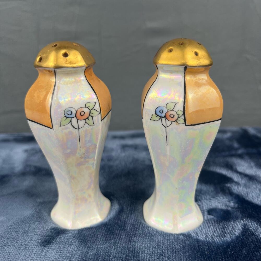 Vintage Salt and Pepper Shaker Hand Painted Iridescent and Gold Tone Cork Bottom